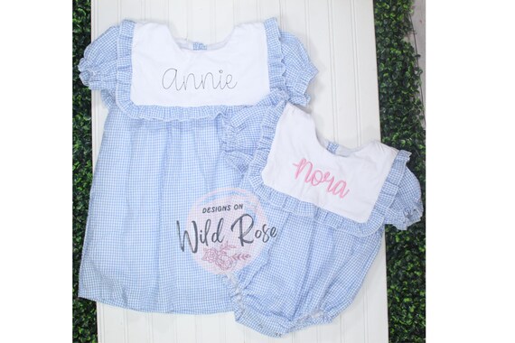 Personalized Blue Gingham Bubble and Dress, Cute Fall Outfit, Baby Toddler Girl, Thanksgiving, Embroidered, Name, Monogram, family photos