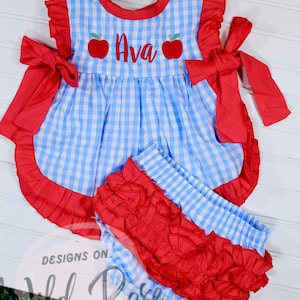 Back to School Outfit, Erster Schultag, Kita, Vorschule, Pre-K | Schürze Style Set, personalisiert, Monogramm | Blau Vichykaro rote Äpfel