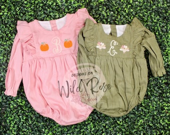 Fall Bubble Romper with Pumpkins, Turkeys, personalized with monogram, initial, pink, green, bows, pumpkin patch, thanksgiving cute outfit