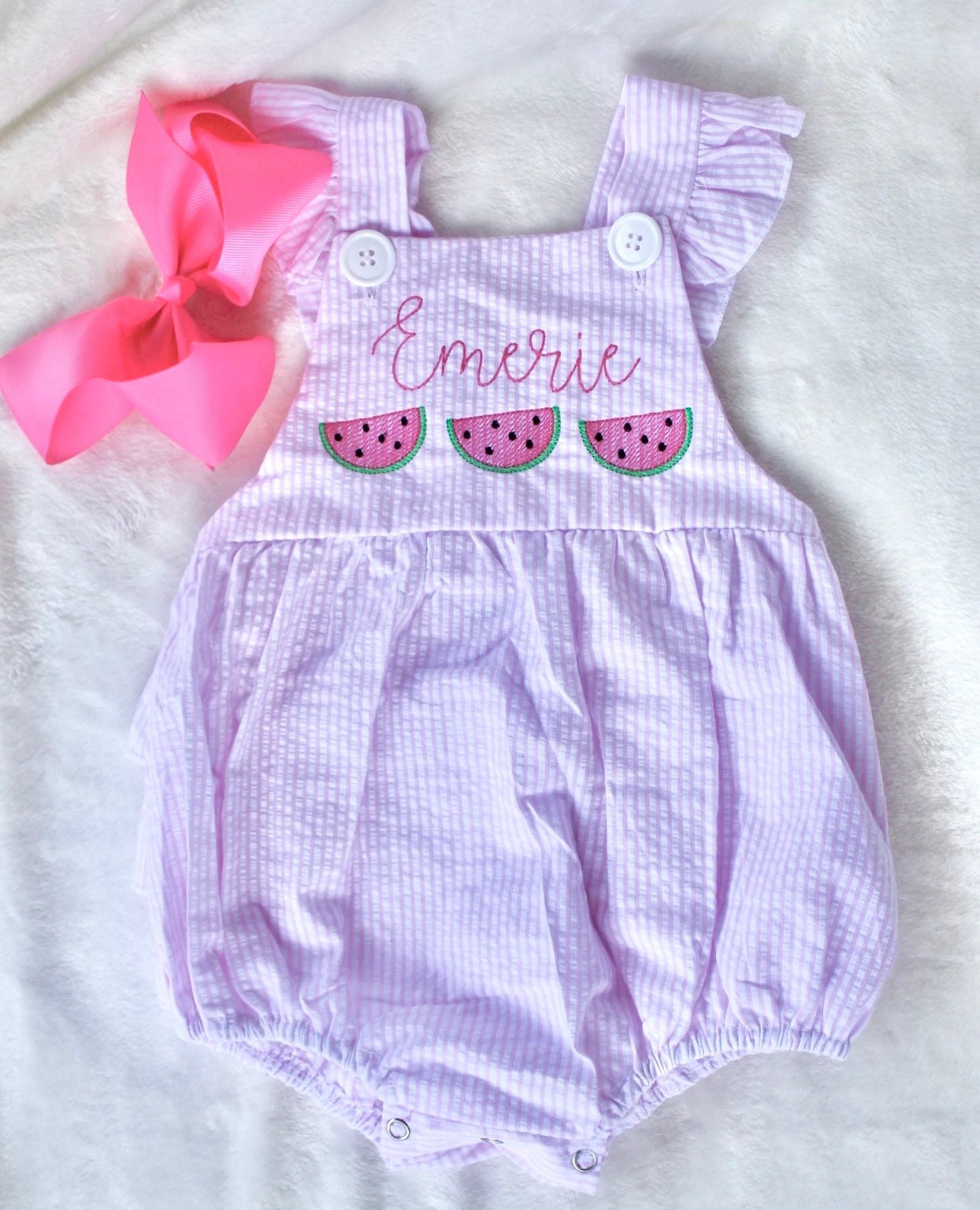 Personalized Watermelon Seersucker Bubble with Ruffles | Sweet one, Fruity, One in a Melon, Birthday Outfit, Two-ti Fruity Birthday, Romper