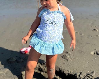 Personalized Girls Swimsuit| Blue Floral | monogram, initial or name| Embroidered, one piece, seersucker lake beach vacation cruise cute