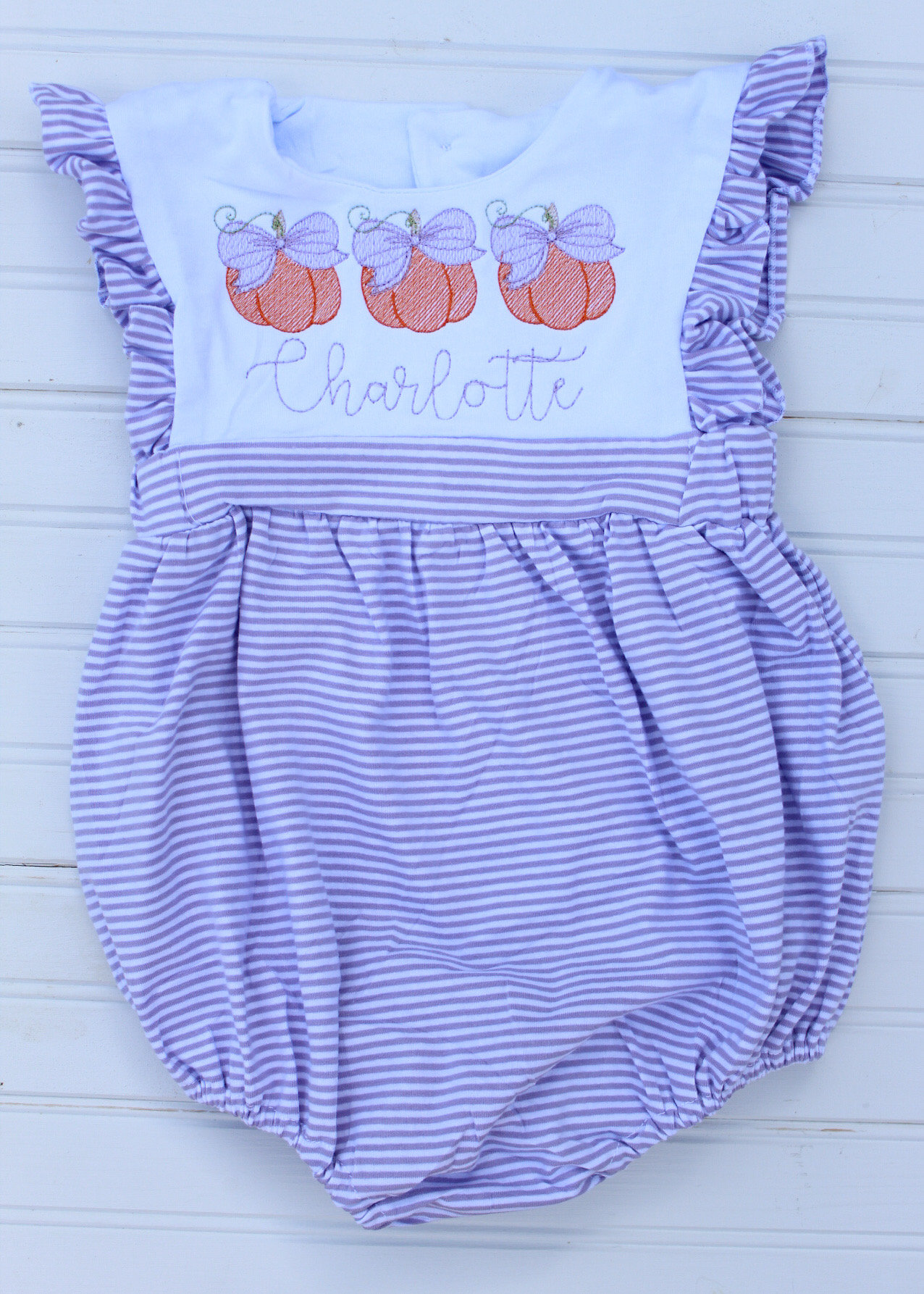 Cute Fall Pumpkin Outfit for baby and toddler Girl Monogram Romper Bubble | Striped Blue, Pink, Purple Soft Cotton | Name, monogram, initial