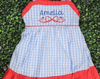 Fourth of July Dress for Toddler and Girls, Flag and bow design, Personalized with name, Red white and Blue | Cute summer outfit