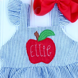 Back to School Outfit, First Day of School, Daycare, Preschool, Pre-K | Personalized, Monogram, Custom, Unique | Pink Navy Seersucker, Apple