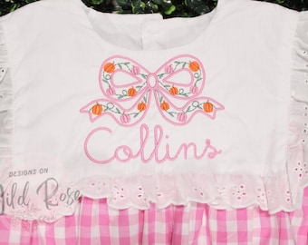 Personalized Pumpkin Bow Dress | Embroidered Fall Dress for Girls | Custom Pumpkin Bubble Romper | Pink Gingham Thanksgiving Outfit