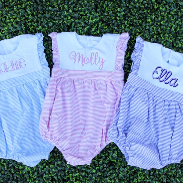 Baby and Toddler Girl Monogram Romper Bubble | Striped, Blue, Pink, Purple Soft Cotton | Name, monogram, initial | Cute Summer Fall outfit