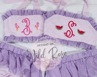 Pink and Purple Seersucker Swimsuit| baby and toddler girl| Flamingo, Watermelon, bows, Personalized, Cute summer Outfit, monogram, name
