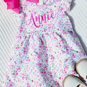 Personalized Floral Flutter Sleeve Toddler & Girl Dress Spring, Easter, Mother’s Day, Summer, Wedding, Vacation, Cute Outfit
