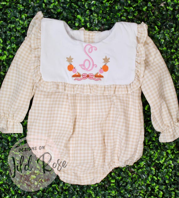 Personalized Fall Gingham Bubble Romper or Dress | Pumpkin & Pie Embroidery | Baby Girl Thanksgiving Outfit | Toddler Fall Outfit