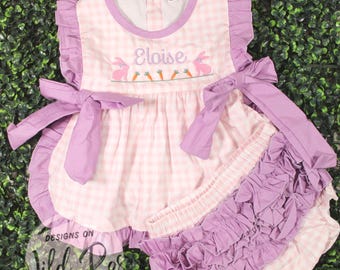 Personalized Easter Pink and Purple Gingham Baby Girl Outfit, Spring, Bunnies & Carrots, Name, Bloomers Birthday Outfit, Toddler Ruffles