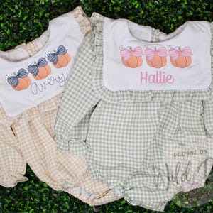 Personalized Pumpkin Gingham Bubble Romper or Dress | Fall Embroidered Outfit for Baby & Toddler Girls | Tan and Green | Sizes NB-6
