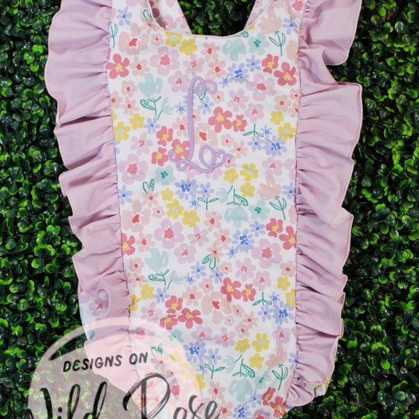 Girls Swimsuit|Pink, Floral, Personalized| Monogram, initial or name| Toddler, junior | Cute vacation, beach, cruise, lake, bubble romper