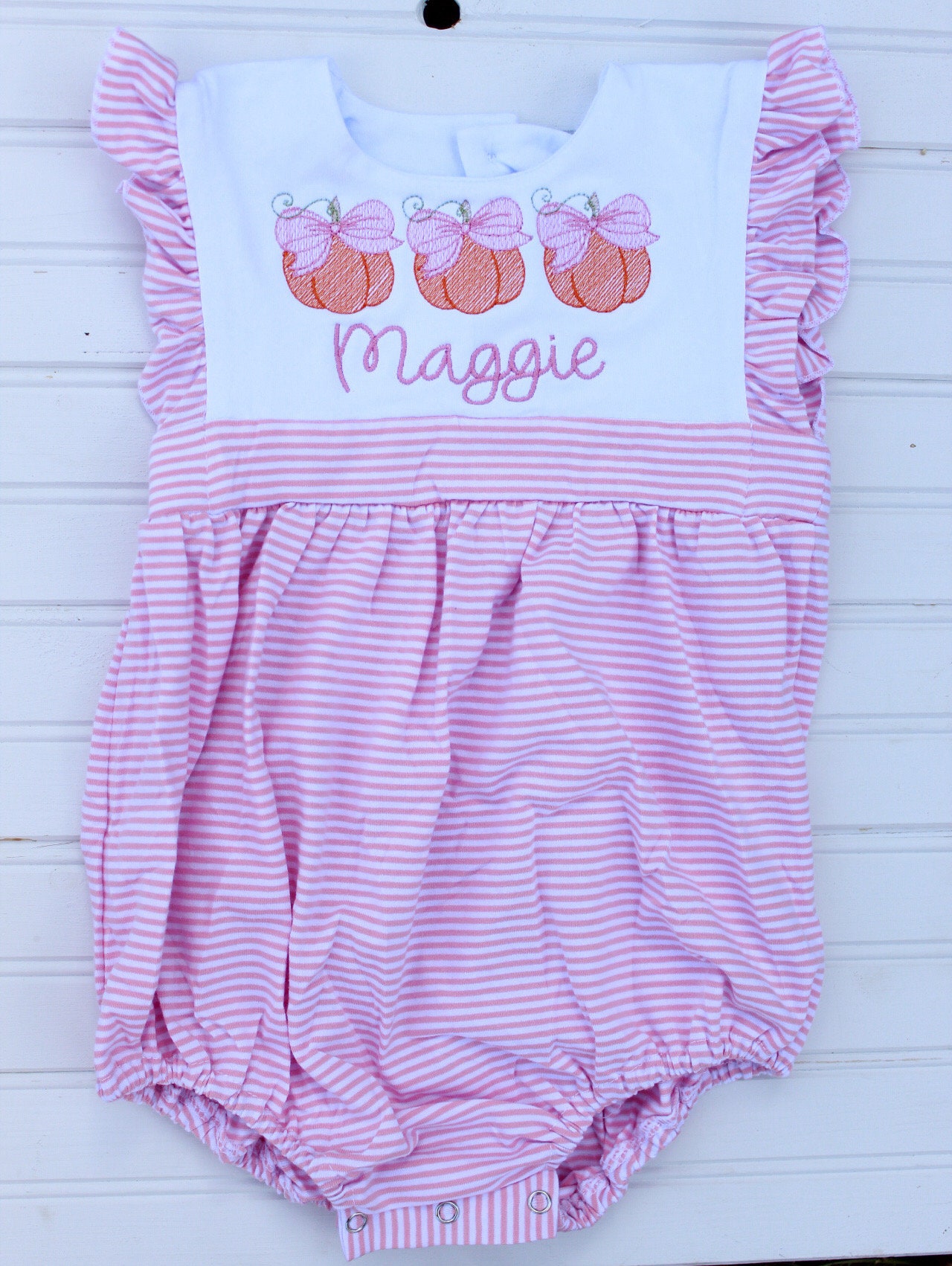 Cute Fall Pumpkin Outfit for baby and toddler Girl Monogram Romper Bubble | Striped Blue, Pink, Purple Soft Cotton | Name, monogram, initial