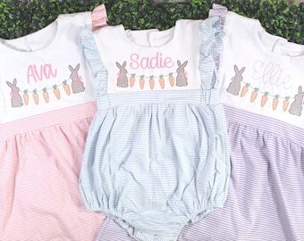 Mono y vestido con monograma de Pascua para bebé y niña pequeña / Conejito, flores, lindo atuendo de primavera a rayas, azul, rosa, morado, algodón suave