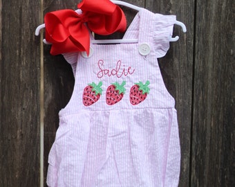 Personalized Strawberry Pink Seersucker Bubble with Ruffles | Sweet one, Fruity, Berry first Birthday Outfit, Two-ti Fruity Birthday, Romper