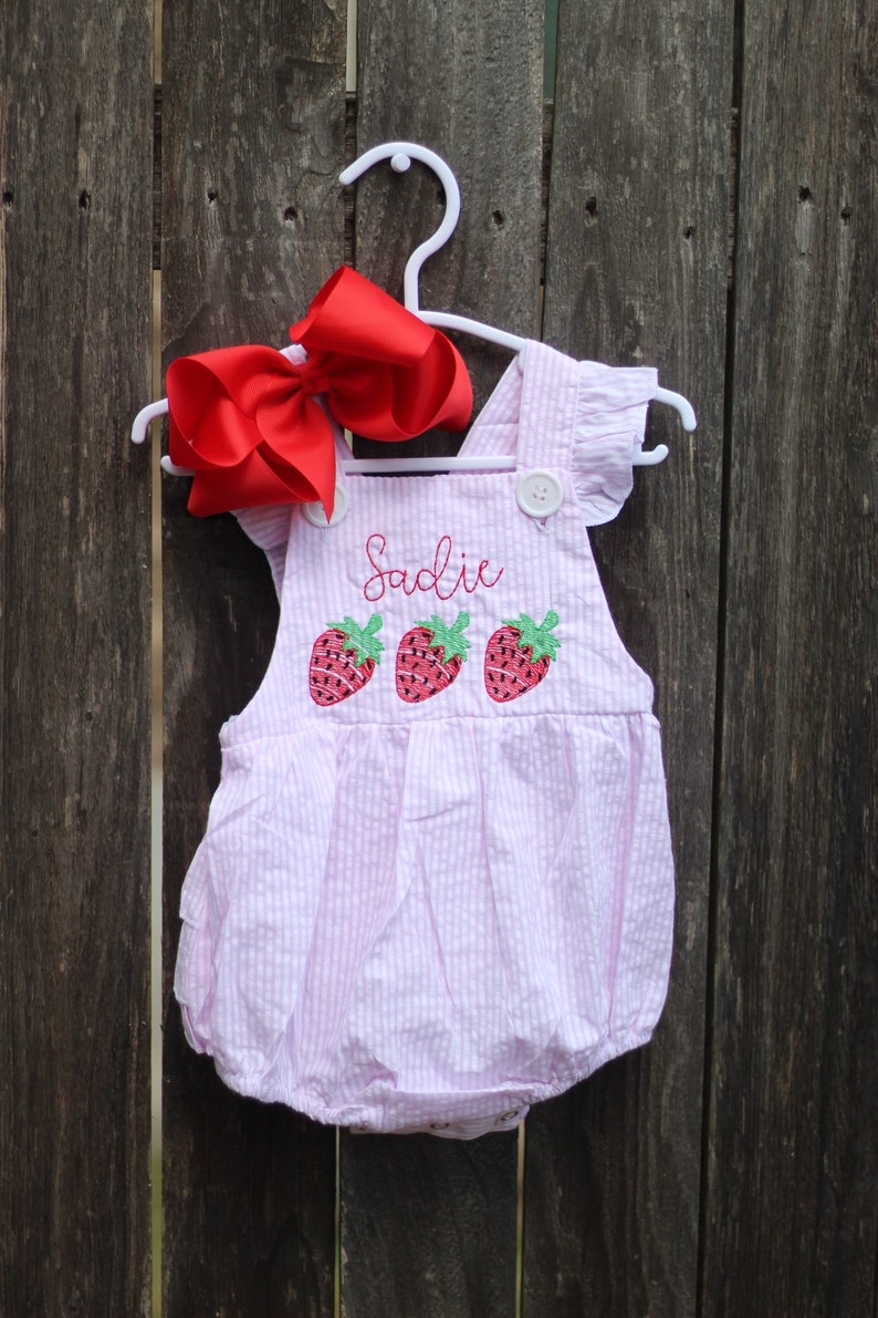 Personalized Strawberry Pink Seersucker Bubble with Ruffles Sweet one, Fruity, Berry first Birthday Outfit, Two-ti Fruity Birthday, Romper image 1