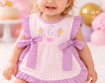 Personalized Girls Birthday Outfit, Pink and Purple Gingham, Spring, Easter Apron Set, Monogram, Bloomers, Baby Toddler Ruffles