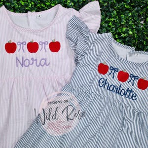 Personalized Apple Embroidered Dress – Navy or Pink Seersucker | Back to School Outfit Kindergarten Preschool PreK TK | Custom Name Dress