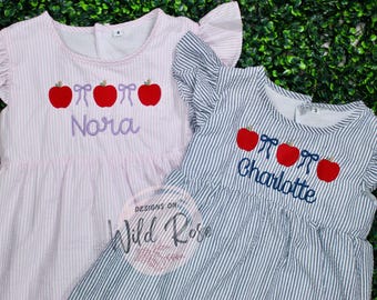Personalized Apple Embroidered Dress – Navy or Pink Seersucker | Back to School Outfit Kindergarten Preschool PreK TK | Custom Name Dress