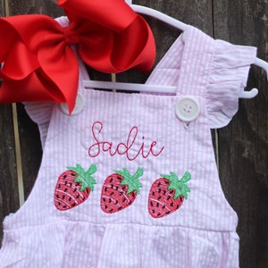 Personalized Strawberry Pink Seersucker Bubble with Ruffles Sweet one, Fruity, Berry first Birthday Outfit, Two-ti Fruity Birthday, Romper image 2