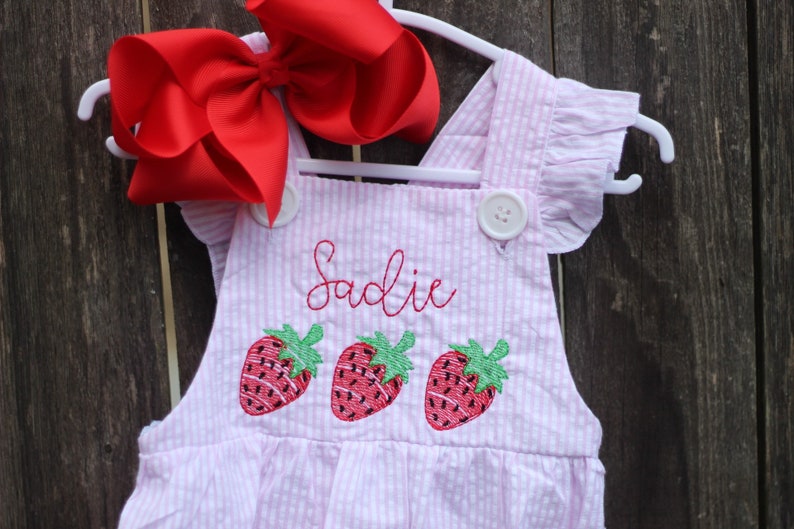 Personalized Strawberry Pink Seersucker Bubble with Ruffles Sweet one, Fruity, Berry first Birthday Outfit, Two-ti Fruity Birthday, Romper image 2