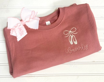 Ballerina Sweater | Ballet Slippers | Personalized monogram or initial | Mauve, Pink, Black Sweatshirt | Fall Winter Spring birthday gift
