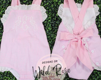 Pink Seersucker Gingham Sunsuit Bubble Romper Personalized, bows, white, Cute Spring Summer outfit| birthday, baby shower gift, baby toddler