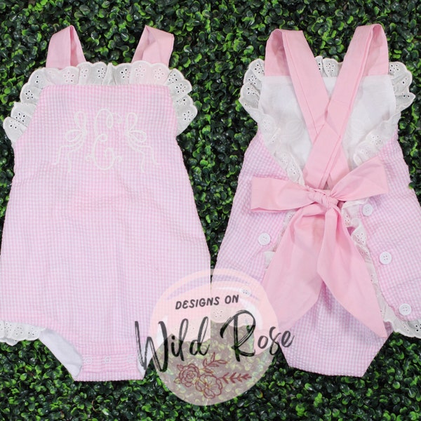 Pink Seersucker Gingham Sunsuit Bubble Romper Personalized, bows, white, Cute Spring Summer outfit| birthday, baby shower gift, baby toddler