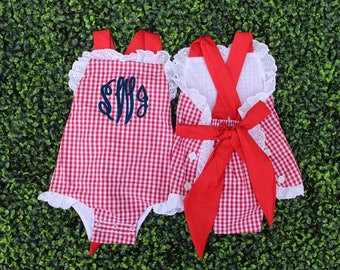 Personalized Gingham Red Sunsuit bubble romper for Baby Toddler Girl | Memorial Day, July 4th, cute summer outfit, Farm birthday, Barnyard