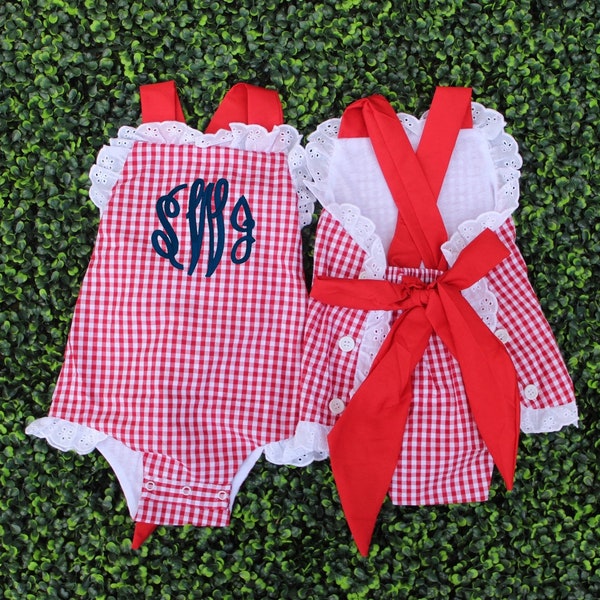 Personalized Gingham Red Sunsuit bubble romper for Baby Toddler Girl | Memorial Day, July 4th, cute summer outfit, Farm birthday, Barnyard