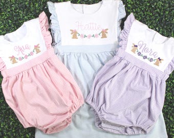 Easter Baby and Toddler Girl Monogram Romper Bubble and Dress|Bunny, flowers, cute spring outfit Striped, Blue, Pink, Purple Soft Cotton