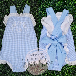Blue Seersucker Gingham Sunsuit Bubble Romper Personalized, bows, white, Cute Spring Summer outfit| birthday, baby shower gift, baby toddler