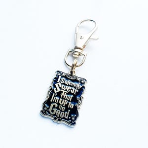 May include: A rectangular keychain with the text "I solemnly swear that I'm up to no good." The keychain has a black background with silver lettering and a silver clasp.