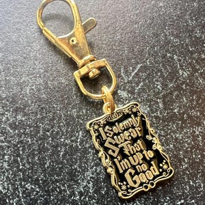 May include: Gold-tone keychain with a lobster clasp and a rectangular charm. The charm features the text "I Solemnly Swear That I'm Up To No Good" on a black background, with gold detailing.