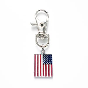 May include: A silver-coloured keychain with a rectangular charm depicting the American flag. The flag design features red and white stripes and a blue field with white stars. The keychain has a lobster clasp for easy attachment.