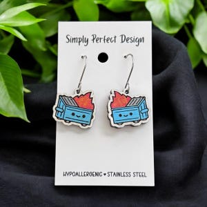 Cute Dumpster Fire Earrings – Funny Hypoallergenic Stainless Steel Jewelry (Blue or Green)