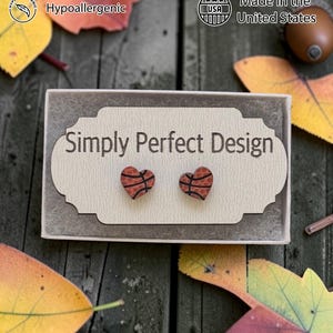 Basketball heart stud earrings in a gift box with fall leaves