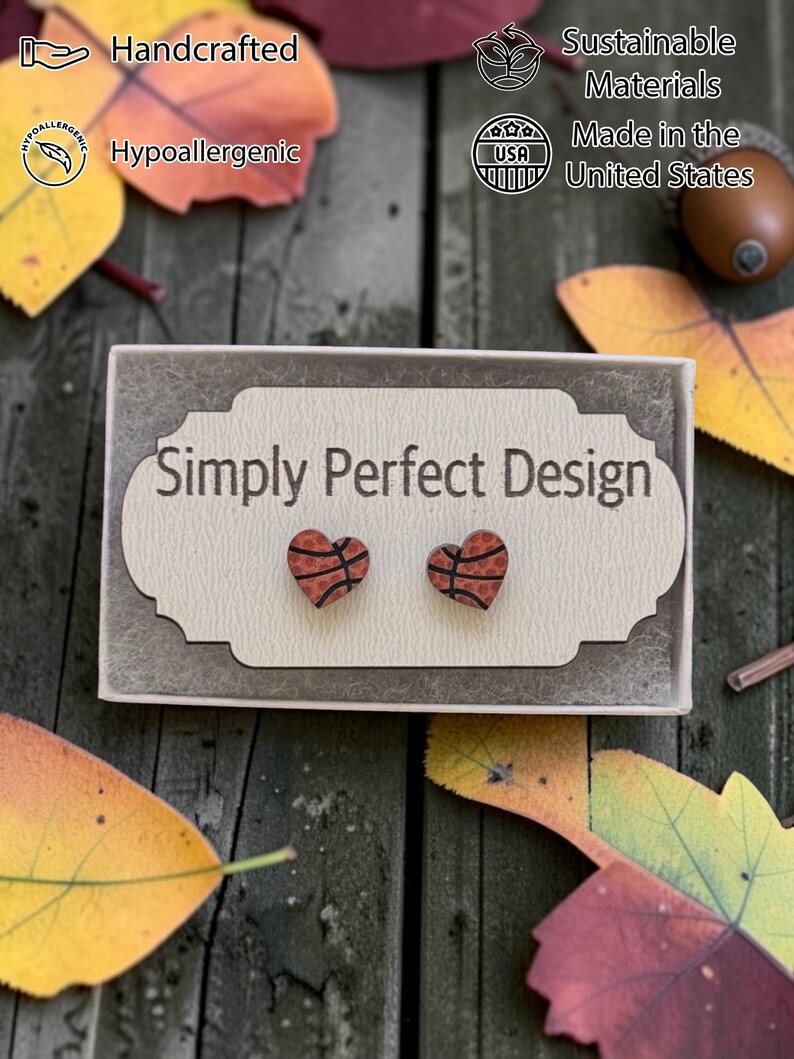 Basketball heart stud earrings in a gift box with fall leaves