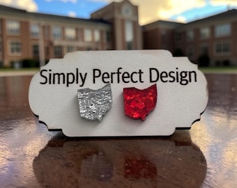 Ohio Stud Earrings, Red Glitter, Silver Glitter, Hypoallergenic, Nickel Free