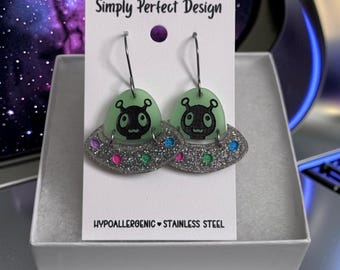 Glow-in-the-Dark Alien UFO Dangle Earrings, Hypoallergenic Stainless Steel, Sci-Fi Jewelry