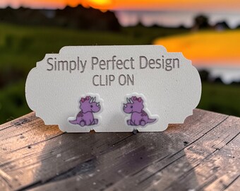Purple Triceratops Clip-On Earrings – Hypoallergenic Acrylic Dinosaur Jewelry