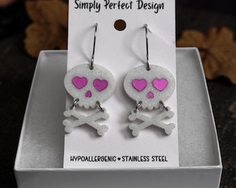 Handmade Acrylic Skull and Crossbones Earrings, Hypoallergenic Gothic Jewelry