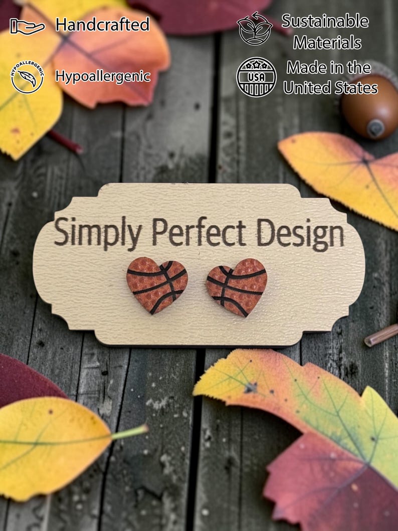 Basketball heart studs on a card with fall leaves and an acorn