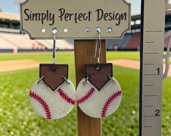 Baseball Home Plate Dangle Earrings: Wood, Glitter, Hypoallergenic Stainless Steel