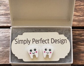 Handcrafted Happy Tooth Stud Earrings – Hypoallergenic Acrylic Dental Gift