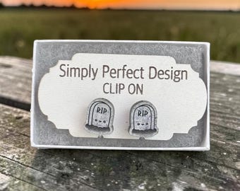 Tombstone Clip On Earrings, Hypoallergenic Halloween Gravestone Jewelry, No Piercing Needed, Cute Spooky RIP Headstone Gift for Her