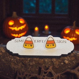 Candy Corn Stud Earrings, Hypoallergenic Hand-Painted Halloween Jewelry, Dainty Minimalist Studs, Spooky Season Gift, Cute Food Earrings