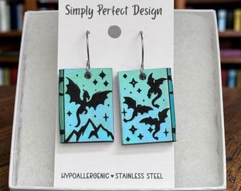 Fantasy Spellbook Dangle Earrings, Hand Painted Book Charm, Witchy Gothic Jewelry, Fantasy Reader Gift