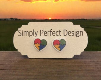 Autism Awareness Heart Earrings | Puzzle Piece Studs | Hypoallergenic Neurodivergent Jewelry
