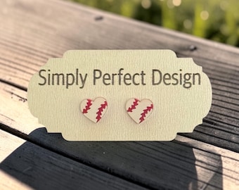 Handcrafted Hypoallergenic Wooden Baseball Heart Stud Earrings